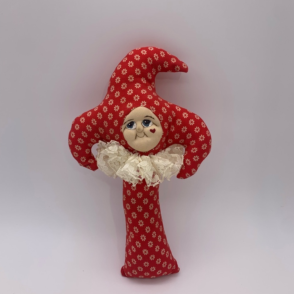 MCM Vtg. Stuffed 9.5” Granny Clown Toy Rattler Red White Floral Fabric Hand Sewn